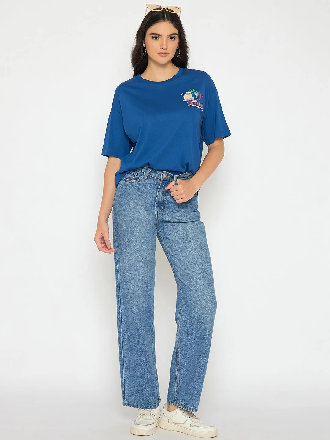 Sporty Look Seasonal Smart Madame Graphic Adorned Royal Blue Cotton T-Shirt