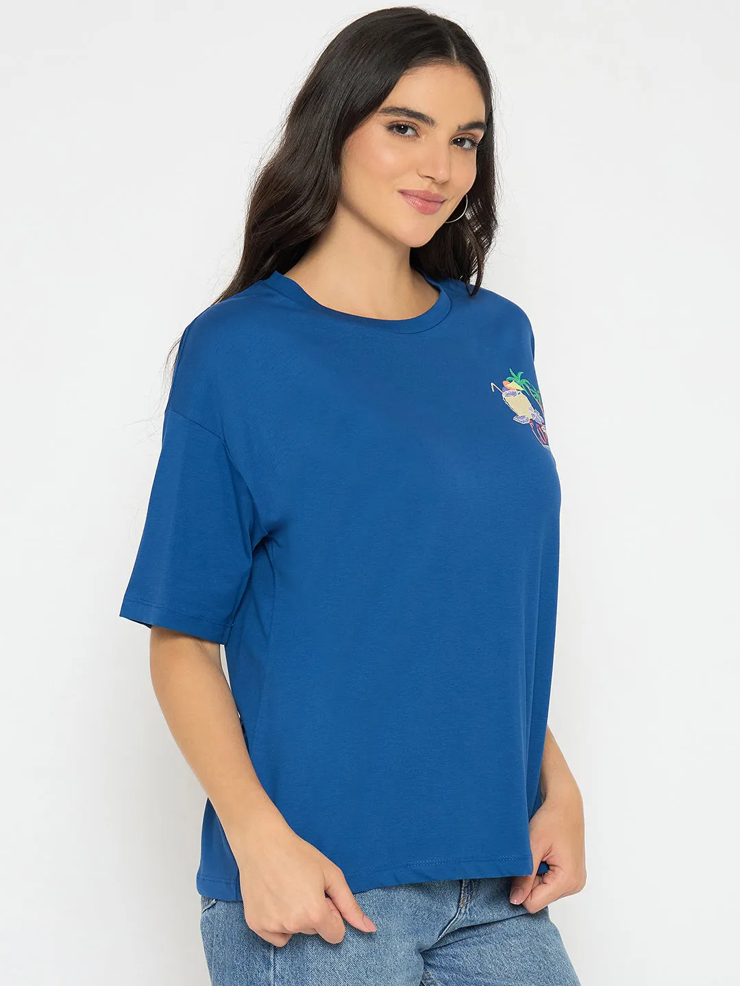 Madame Graphic Adorned Royal Blue Cotton T-Shirt Layerable Look Cool Design