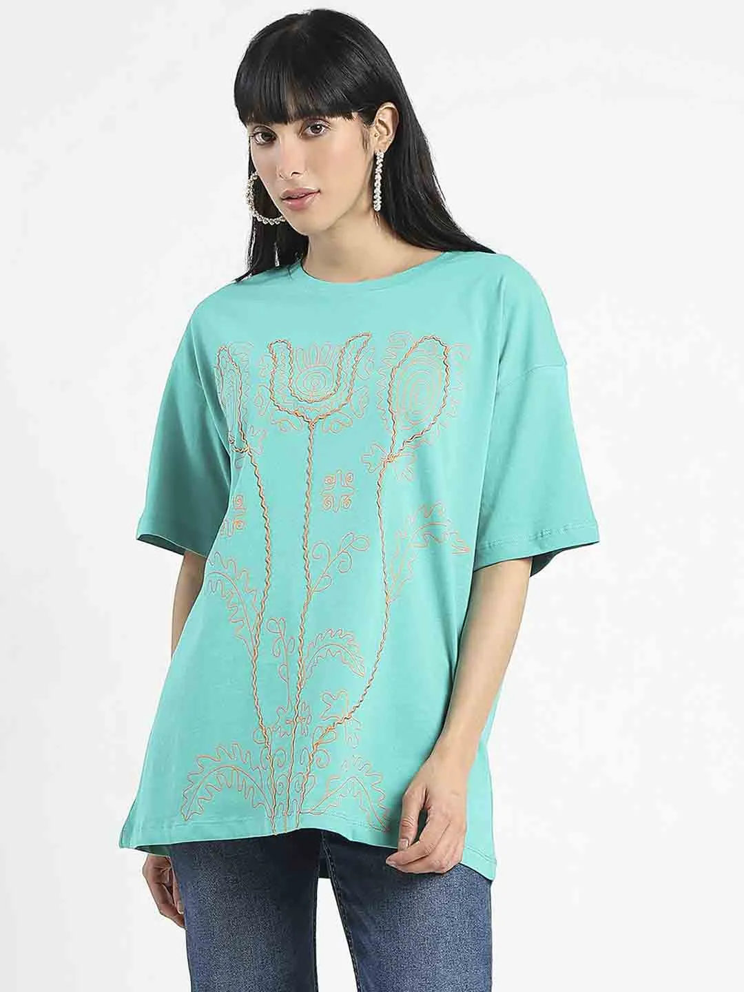 Smart Wear EnhancedDurabilityFinish Madame Graphic Print Half Sleeve Peacock Green Cotton T-Shirt