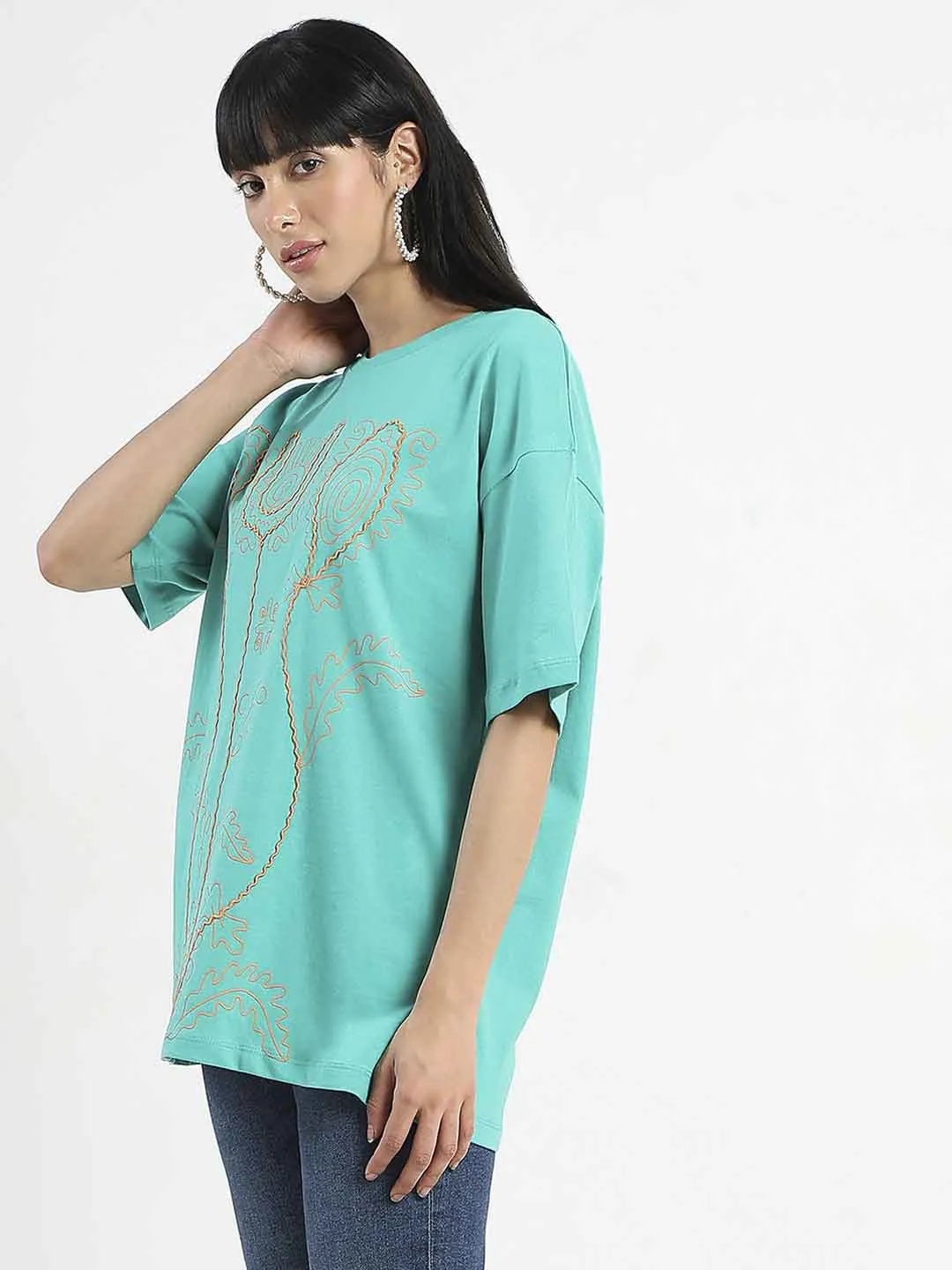 Madame Graphic Print Half Sleeve Peacock Green Cotton T-Shirt High-Quality Fabric Sustainable production