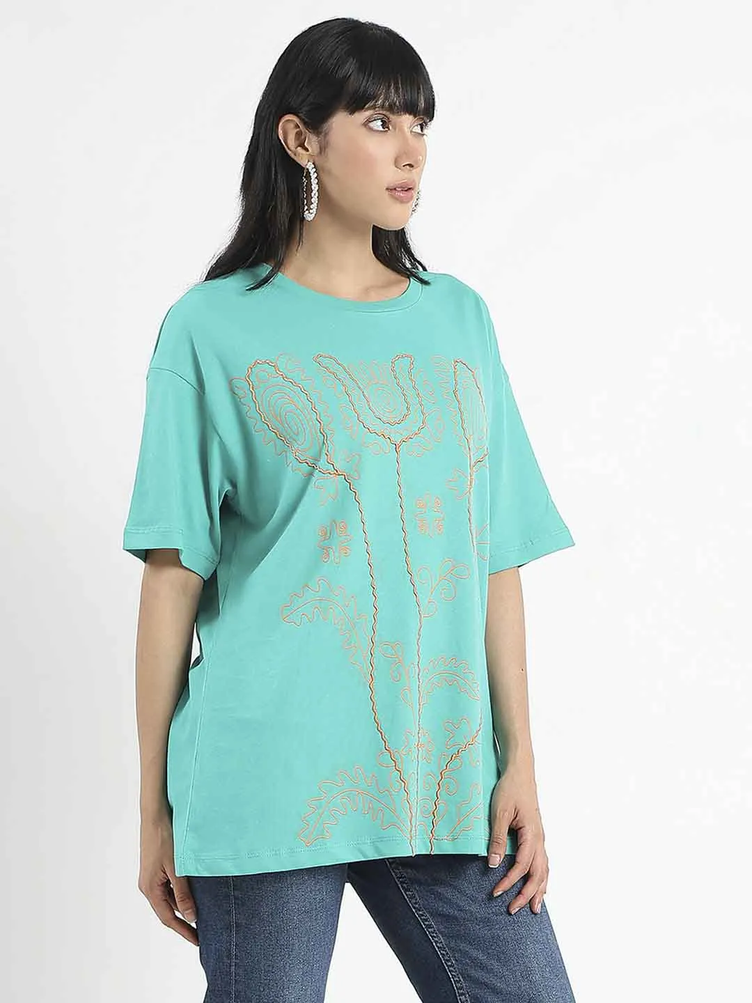 Madame Graphic Print Half Sleeve Peacock Green Cotton T-Shirt Affordable accessibility Soft and Flexible