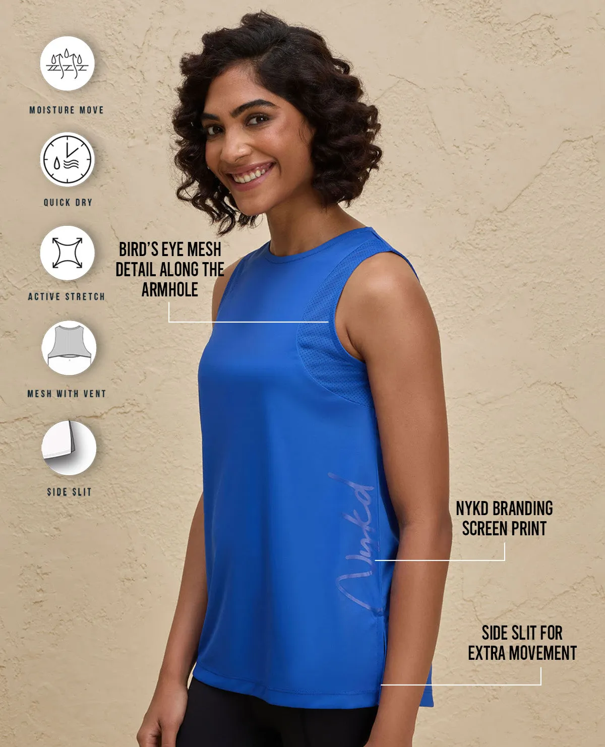 Multi Layer Protection Nykd By Nykaa Quick Dry Stylised Tank Top  Longline -NYK034-Bright Blue