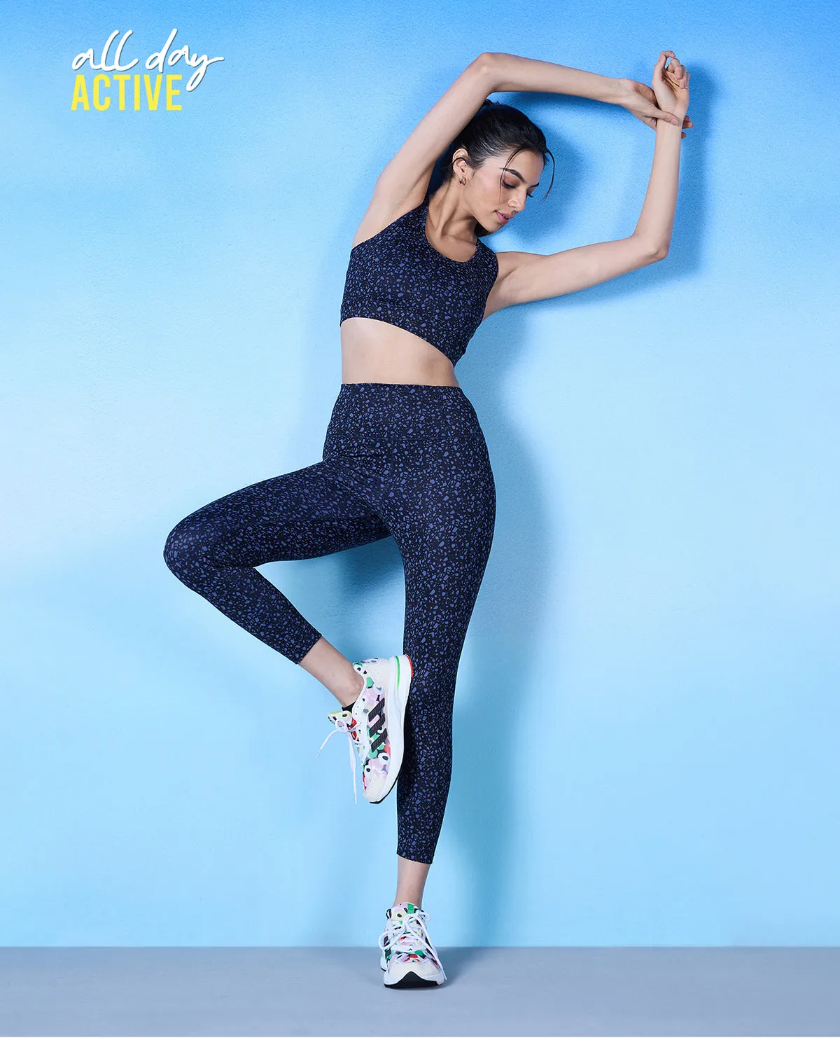 Nykd All Day High rise Trendsetter Printed Legging- NYK121-Scatter Navy Print Squat Proof Fabric