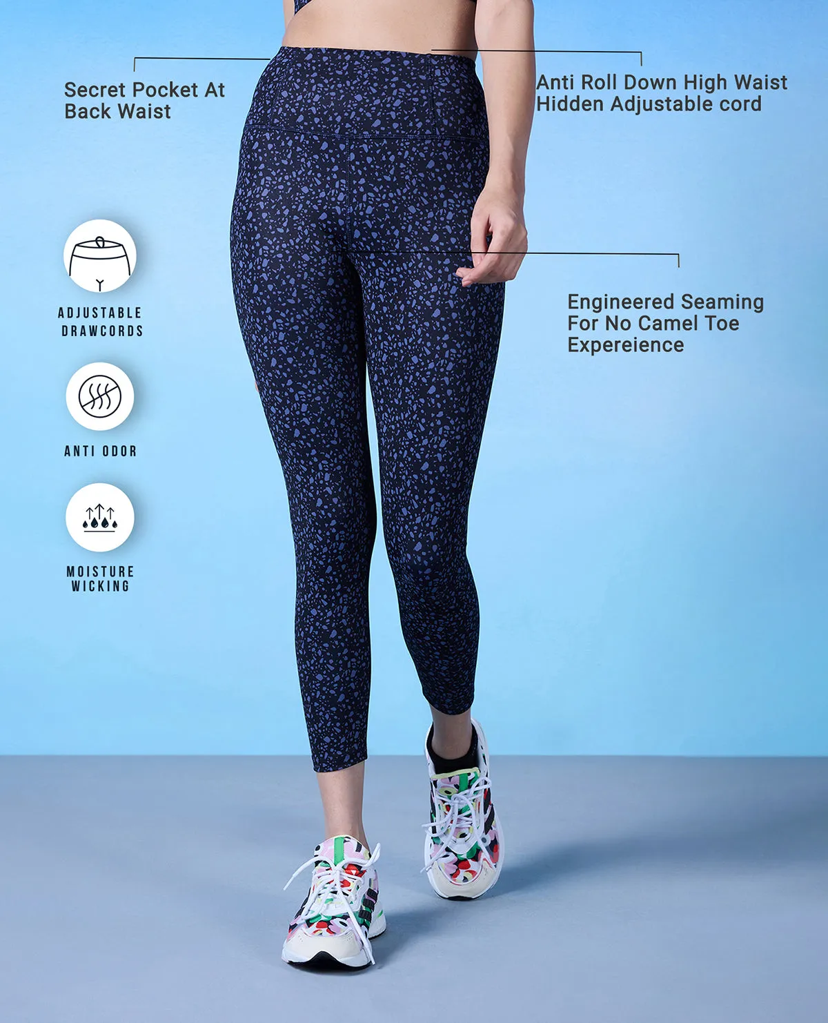 Nykd All Day High rise Trendsetter Printed Legging- NYK121-Scatter Navy Print Rib Knit Beginner Level Flexible Performance