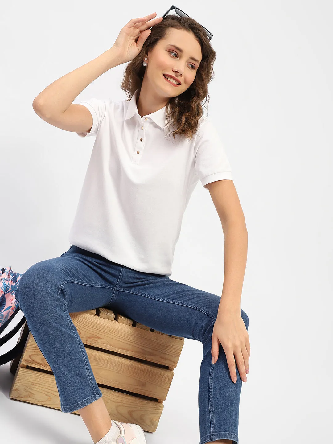Seam Free Back Comfort and Ease Madame White Polo Neck Solid Cotton T-Shirt