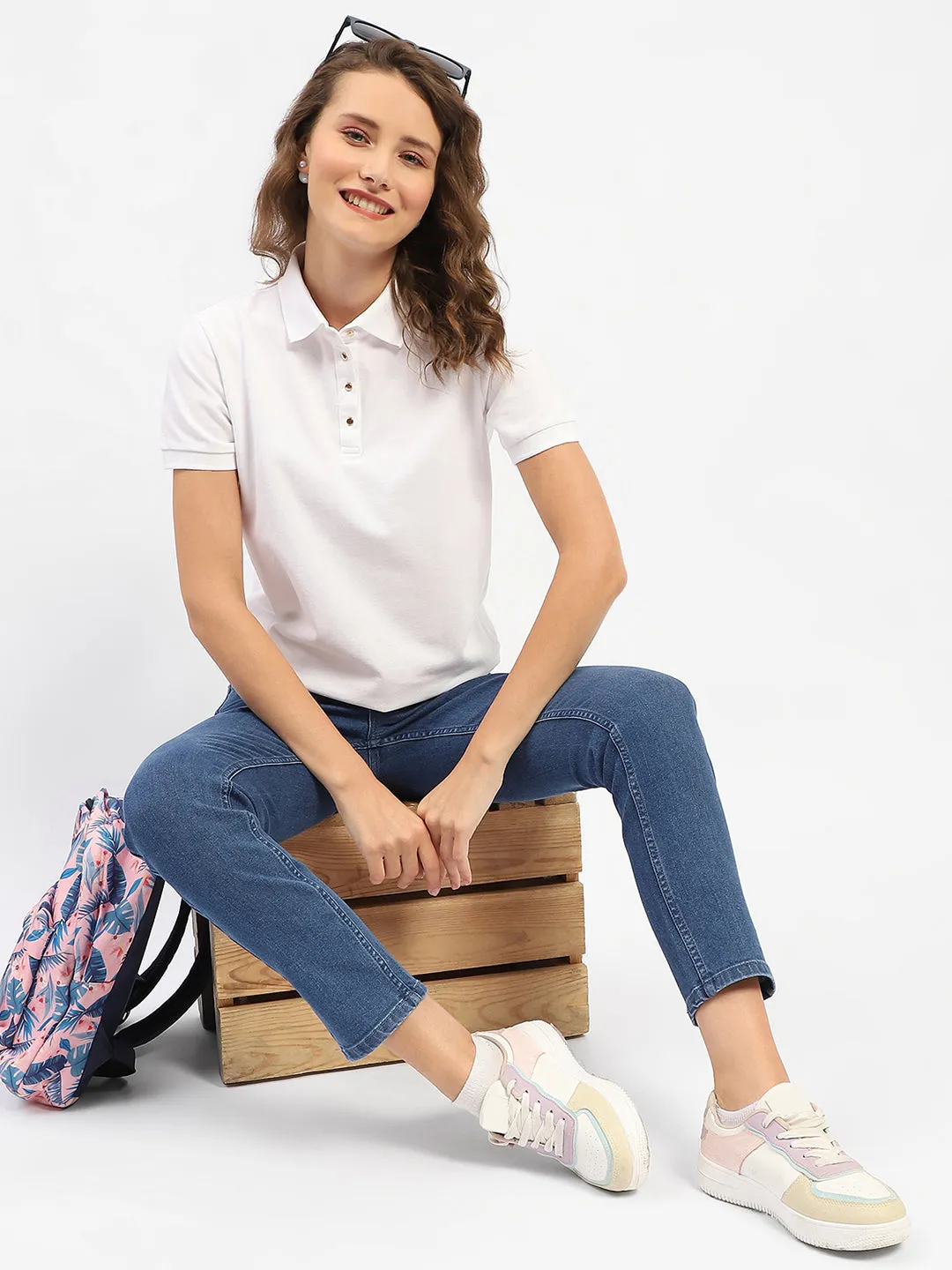 cyber monday Madame White Polo Neck Solid Cotton T-Shirt