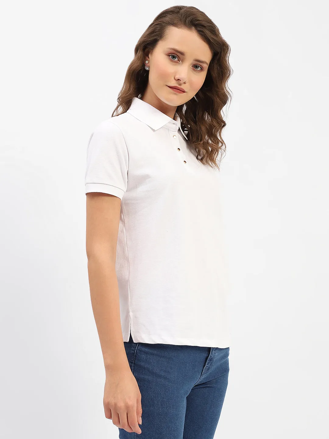 Madame White Polo Neck Solid Cotton T-Shirt Lightweight Material
