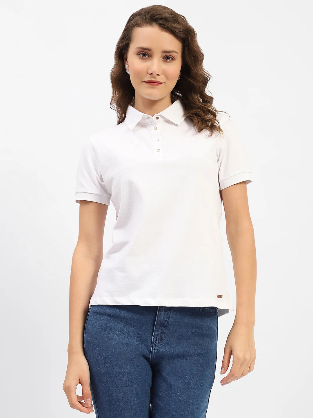 Madame White Polo Neck Solid Cotton T-Shirt Easy Wear Loose Fit