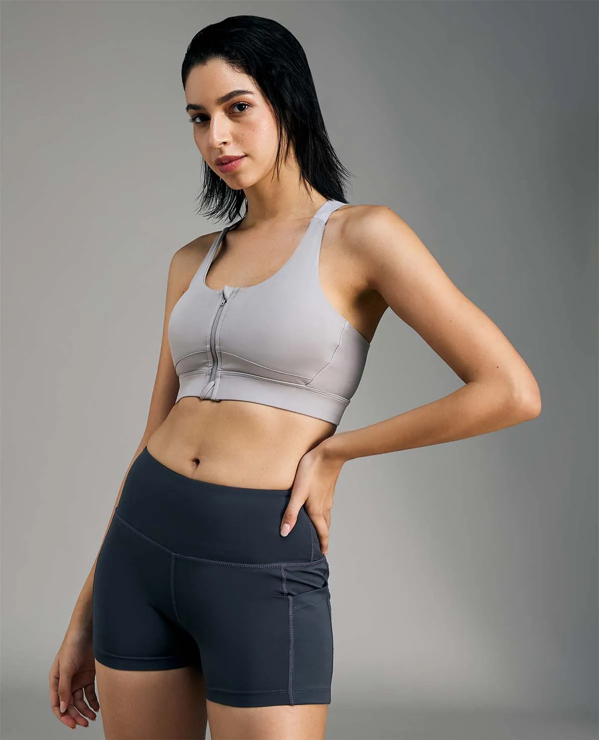 Women Mid Impact Zip Sports Bra with Removable Pads Grey Chest support V-neck seams