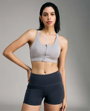 Women Mid Impact Zip Sports Bra with Removable Pads Grey Soft Padding