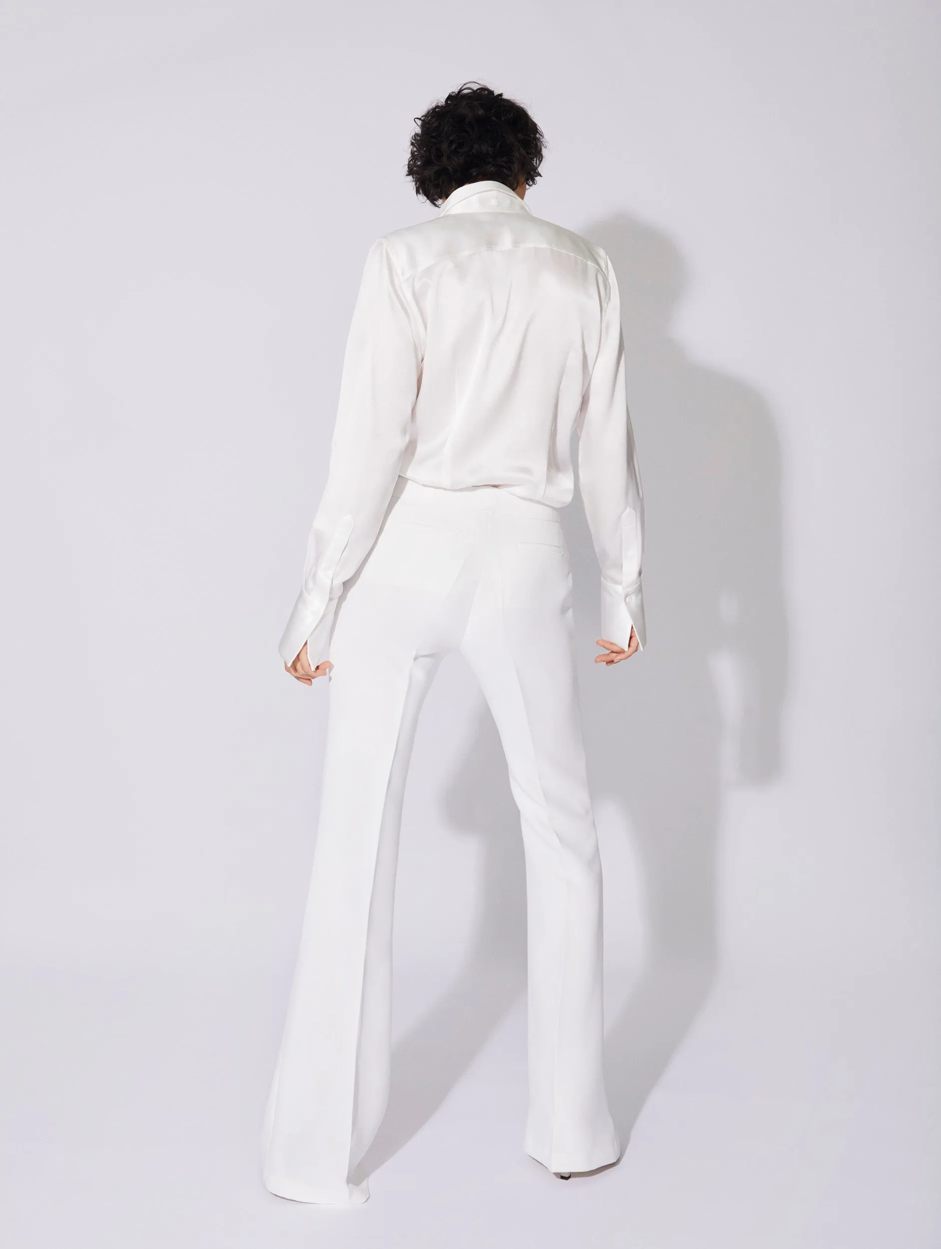 Fashion Stretch White crepe flared trousers with buckle