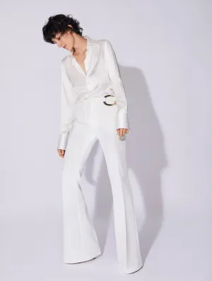 Erasable Logo Patch Comfortable Fabric White crepe flared trousers with buckle