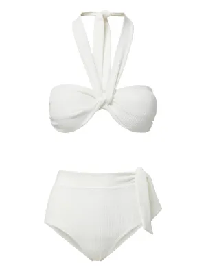 Loryn Top   Side Tie High Waist Bottom in Ivory Texture Contoured Cup Structure