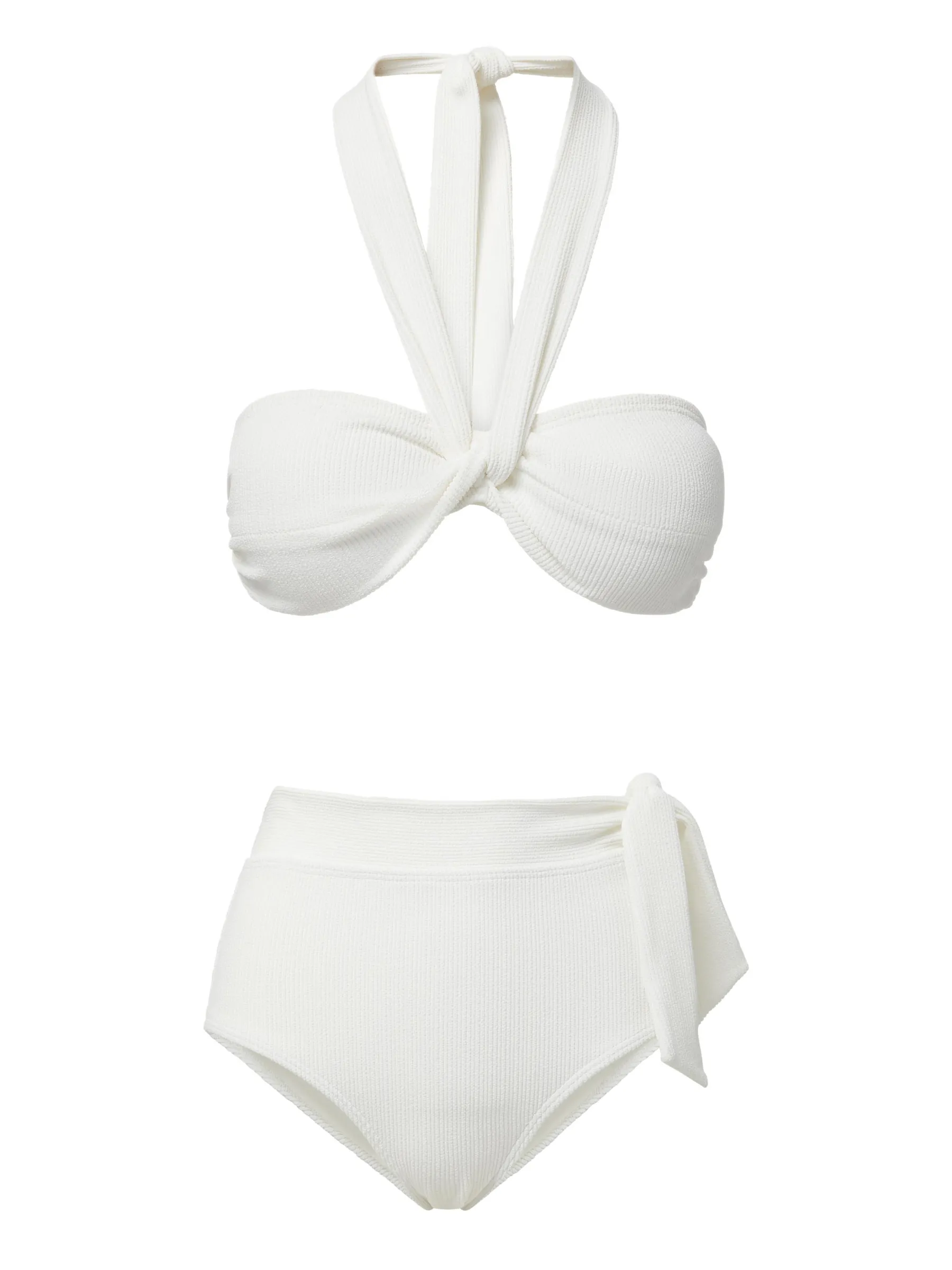Loryn Top   Side Tie High Waist Bottom in Ivory Texture Contoured Cup Structure