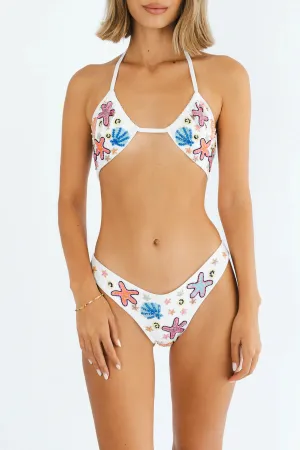 Anti Slip Waistband Marissa Hand Embroidered Luxe Bikini Bottom- White