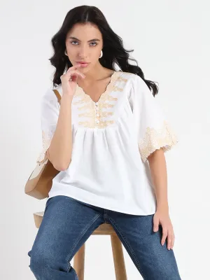 SoftTouch Texture Winter Ready Madame Embroidered Detail Off White Viscose Blend Top