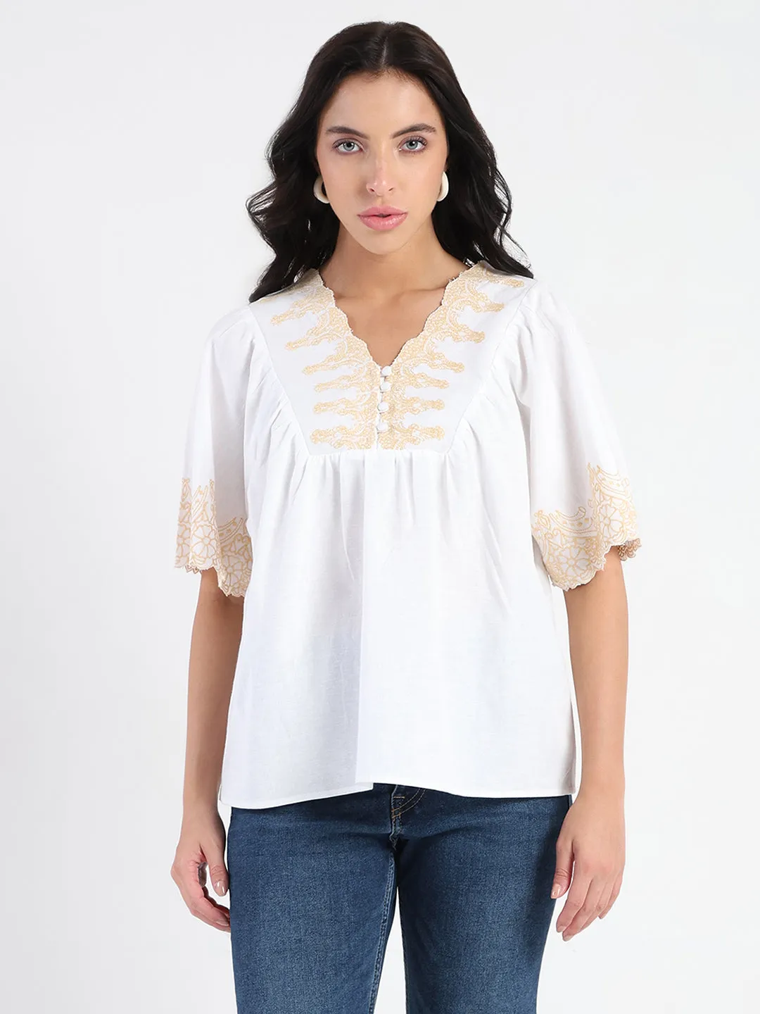Madame Embroidered Detail Off White Viscose Blend Top Dance Light Cozy Dress