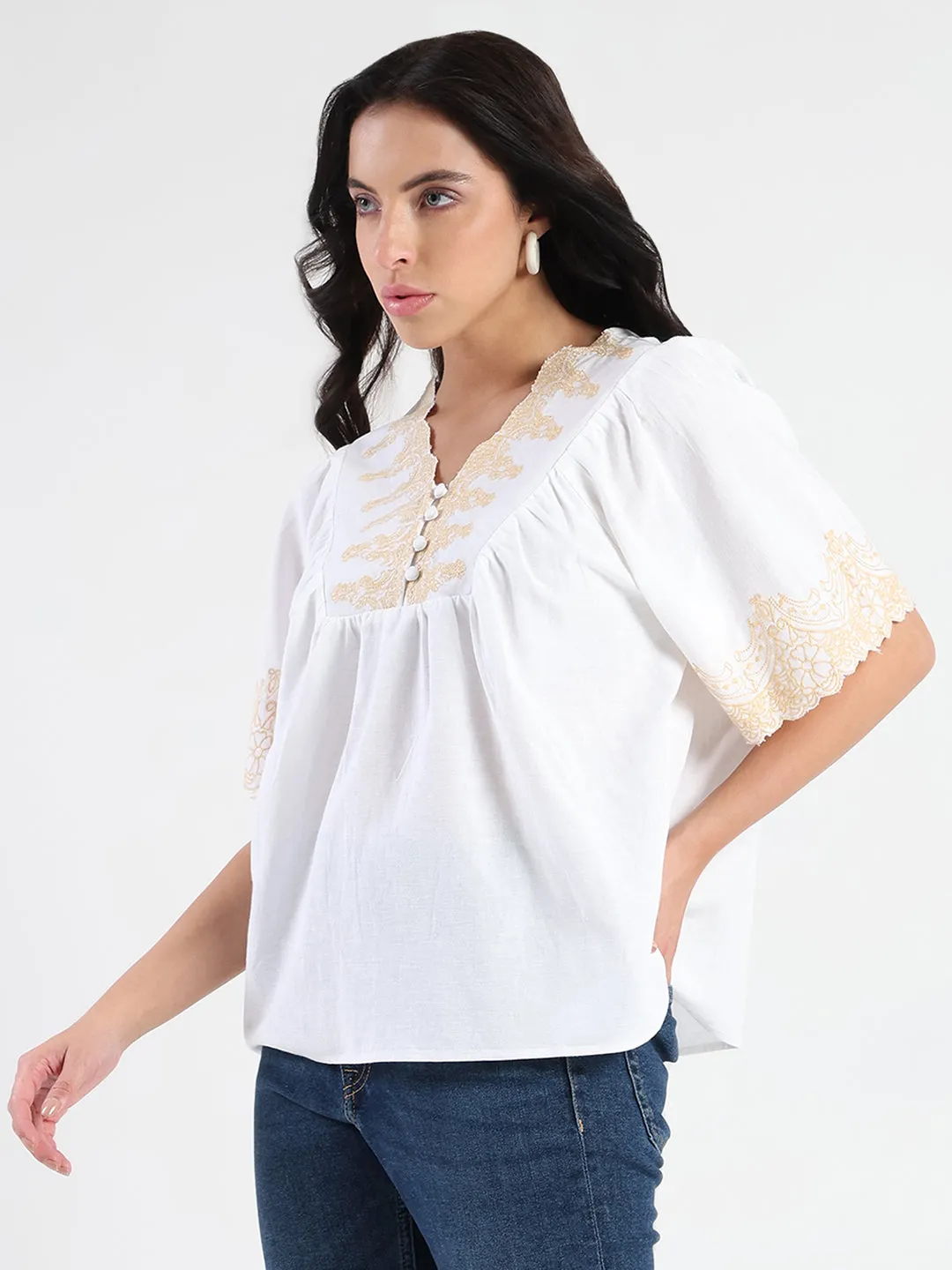 Comfortable Jacket Gloss Glow Madame Embroidered Detail Off White Viscose Blend Top