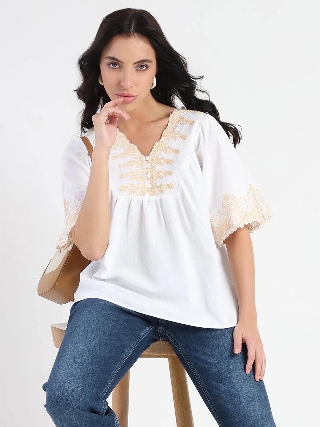SoftTouch Texture Winter Ready Madame Embroidered Detail Off White Viscose Blend Top