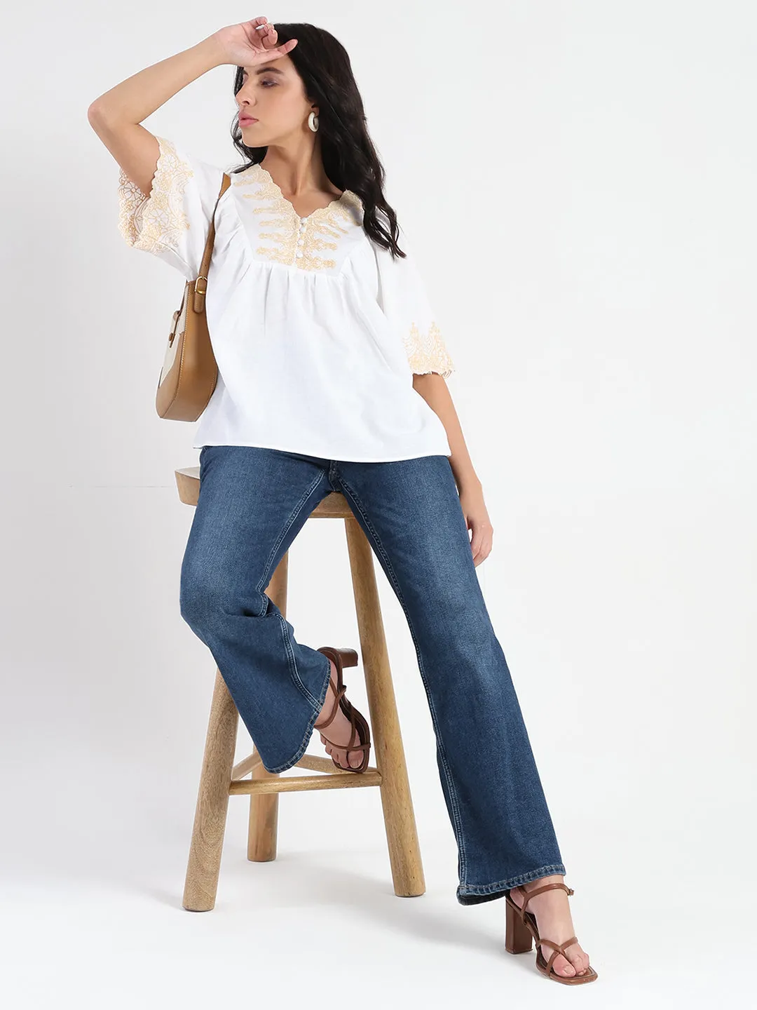 Travel Outfit Madame Embroidered Detail Off White Viscose Blend Top
