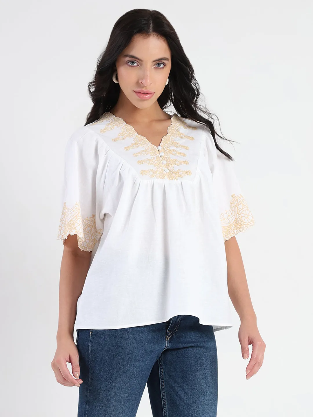 Madame Embroidered Detail Off White Viscose Blend Top AntiBacterialTreatment Windproof Outer Layer