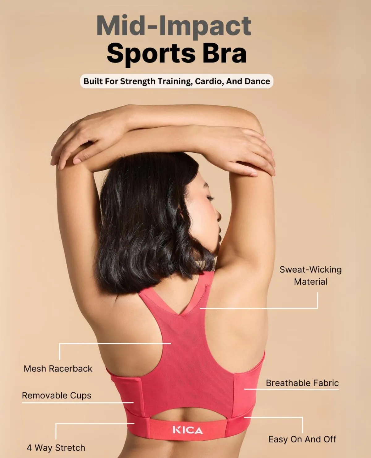 Women Mid Impact Zip Sports Bra with Removable Pads Square neck seams Machine washable