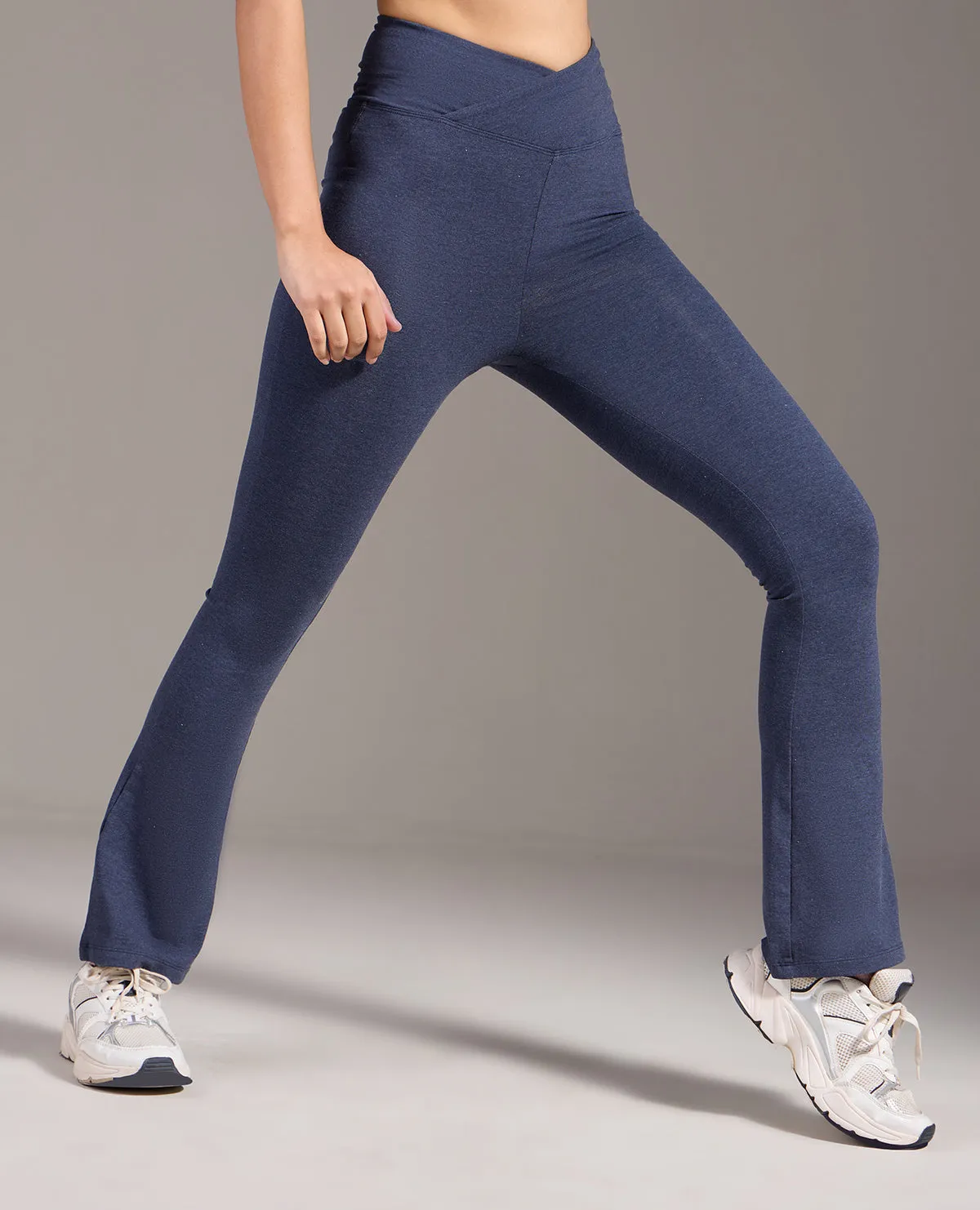 Criss-Cross Cotton Flare Pants Navy Blue Durable Seam Construction Adjustable drawstring