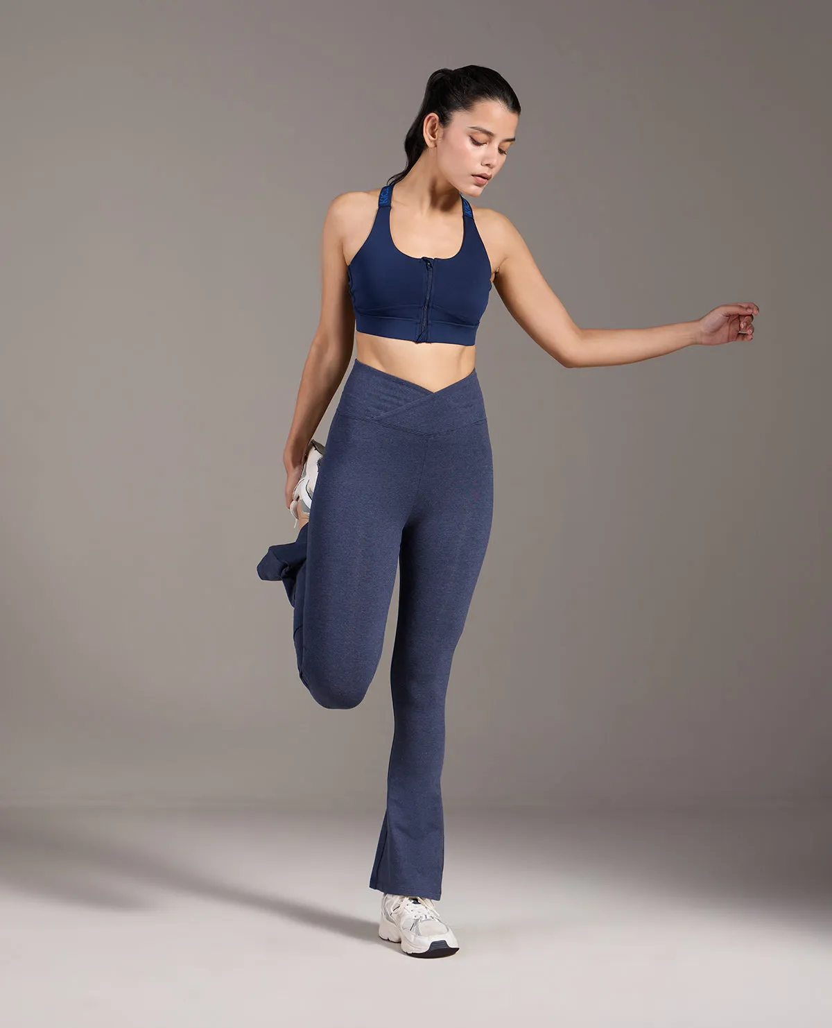 Criss-Cross Cotton Flare Pants Navy Blue Durable Material