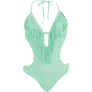 BiasCut Trims ErgonomicCut Marina West Women's Fringed Plunge Monokini Swimsuit