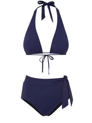 Wrinkle resistant fabric Allison Top   Side Tie High Waist in Navy Satin