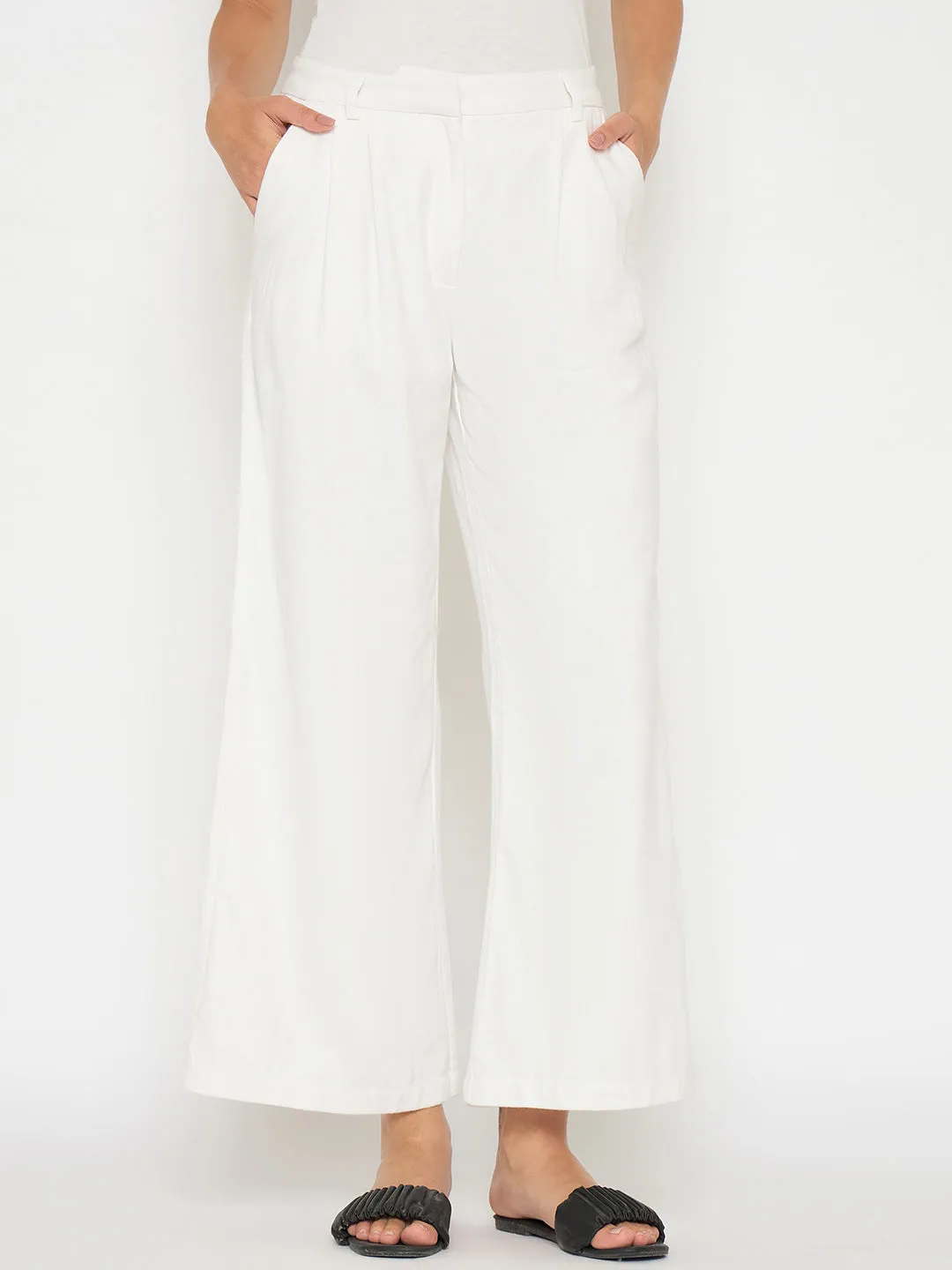 Madame Wide Leg White Rayon Blend Trousers Minimal Vibe