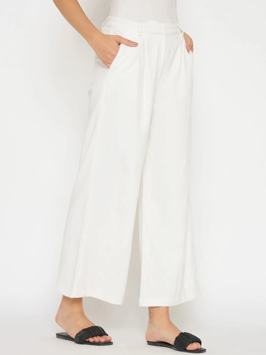 Madame Wide Leg White Rayon Blend Trousers Versatile Wear All Day Fit