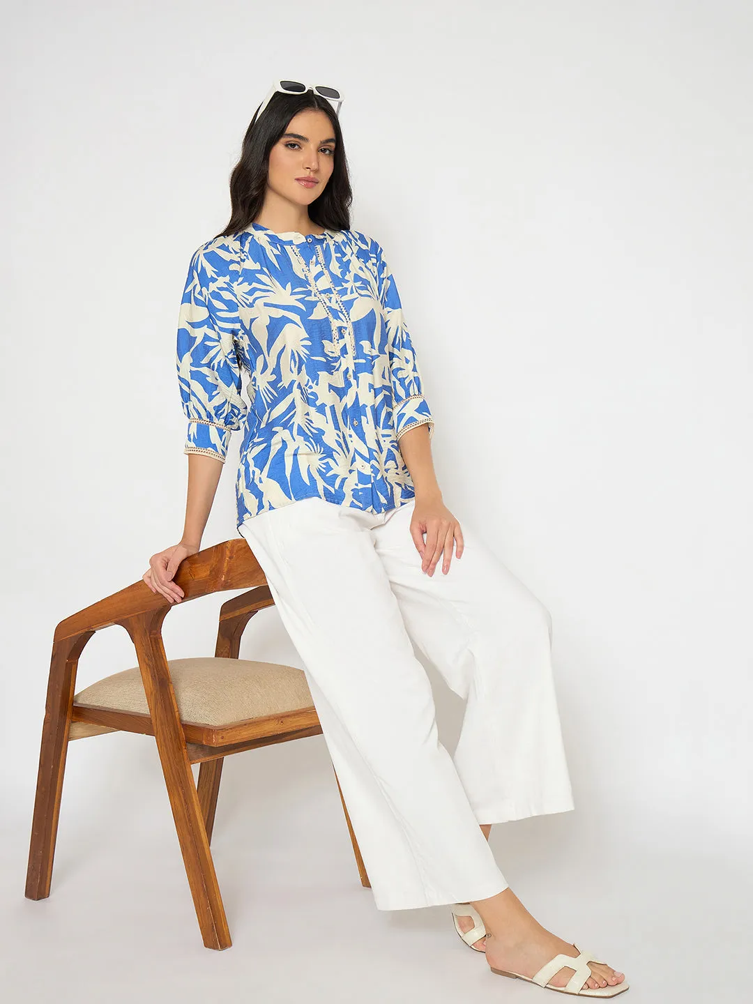 Organic Cotton Core Cut Madame Wide Leg White Rayon Blend Trousers