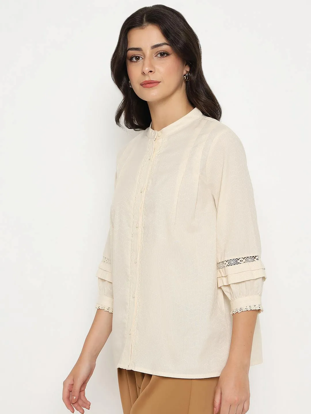 Madame Striped Off-White Cotton Blend Top casual top Lift Mode