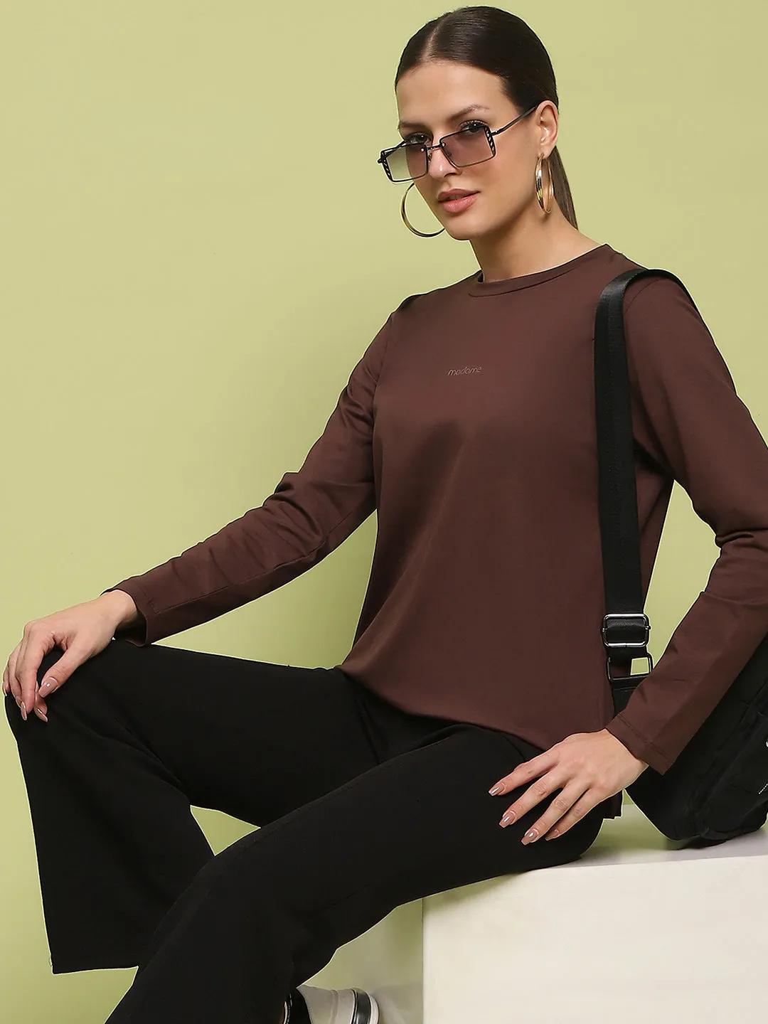 World Tone Silk Glow Madame Embossed Cotton Blend Coffee Brown Top