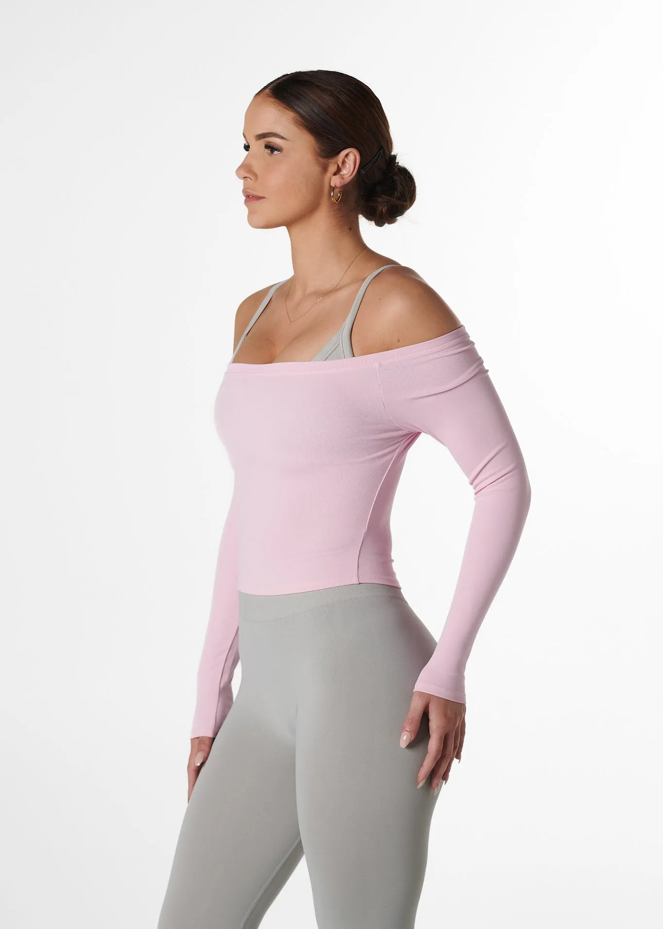 Zen Ease Casual Pants RIBBED OFF SHOULDER LONG SLEEVE - STRAWBERRY