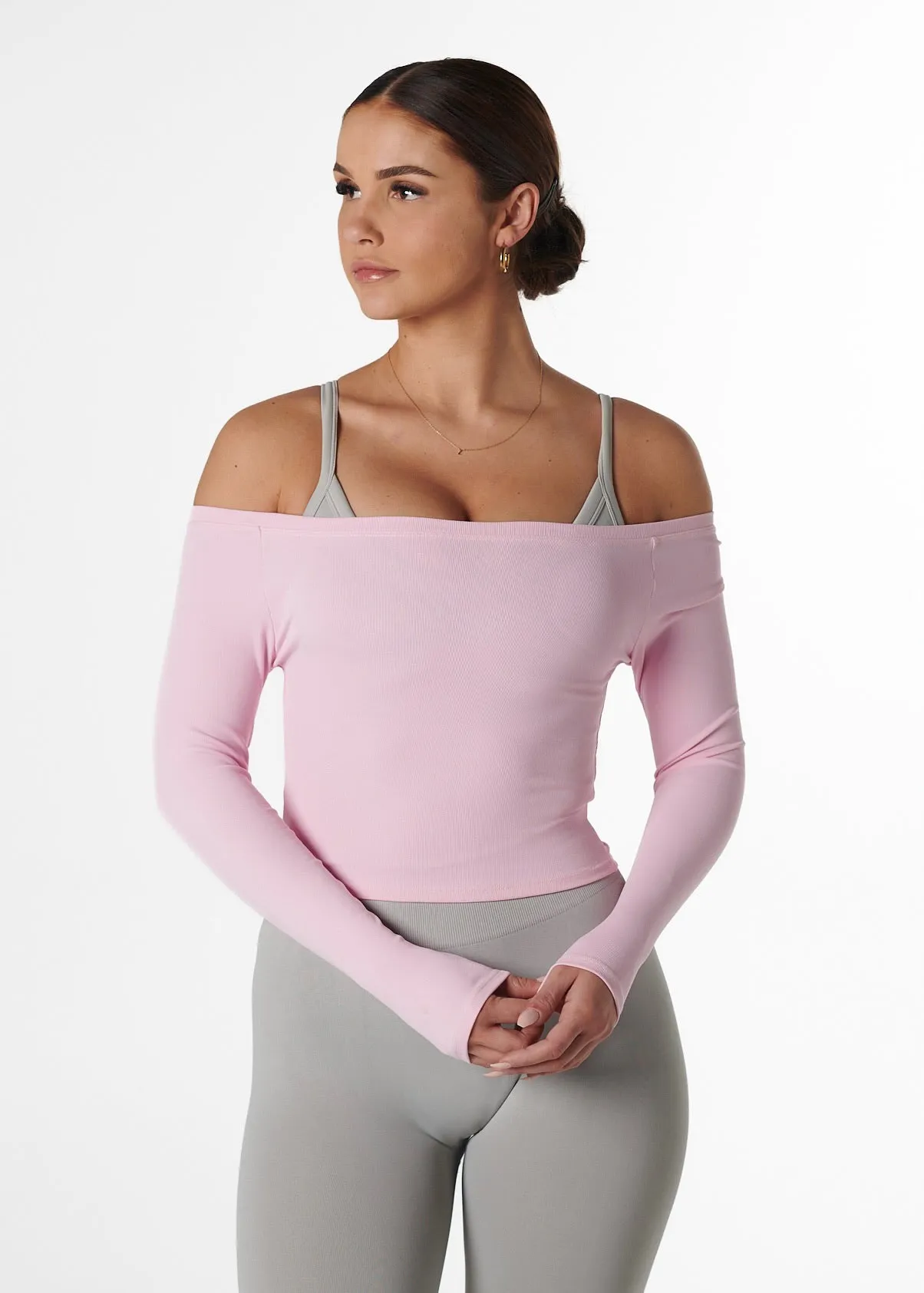 StretchableFabric RIBBED OFF SHOULDER LONG SLEEVE - STRAWBERRY