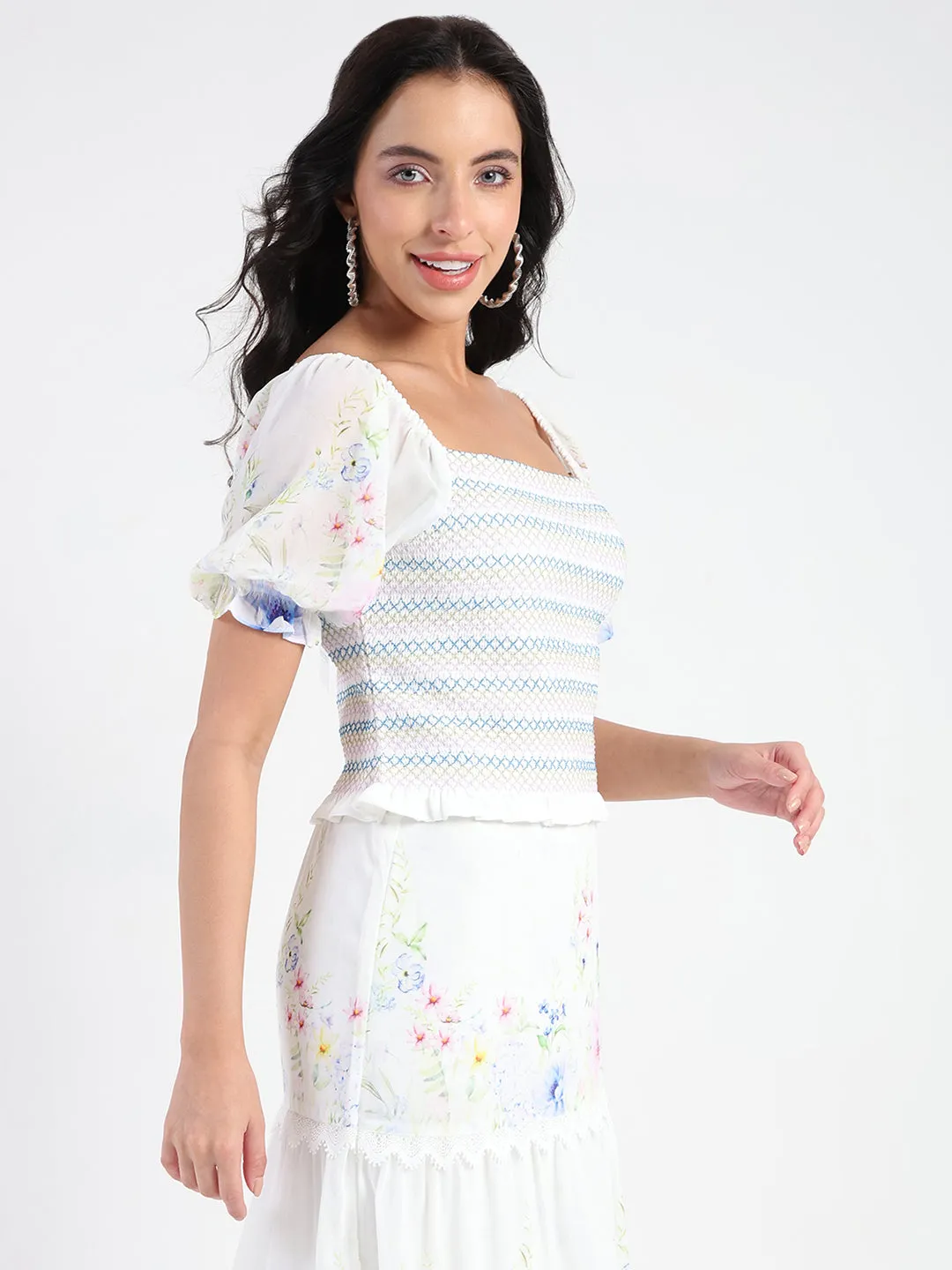 Kind Soul Easy Outfit Madame Chiffon Smoking Contrast Threads Printed White Top