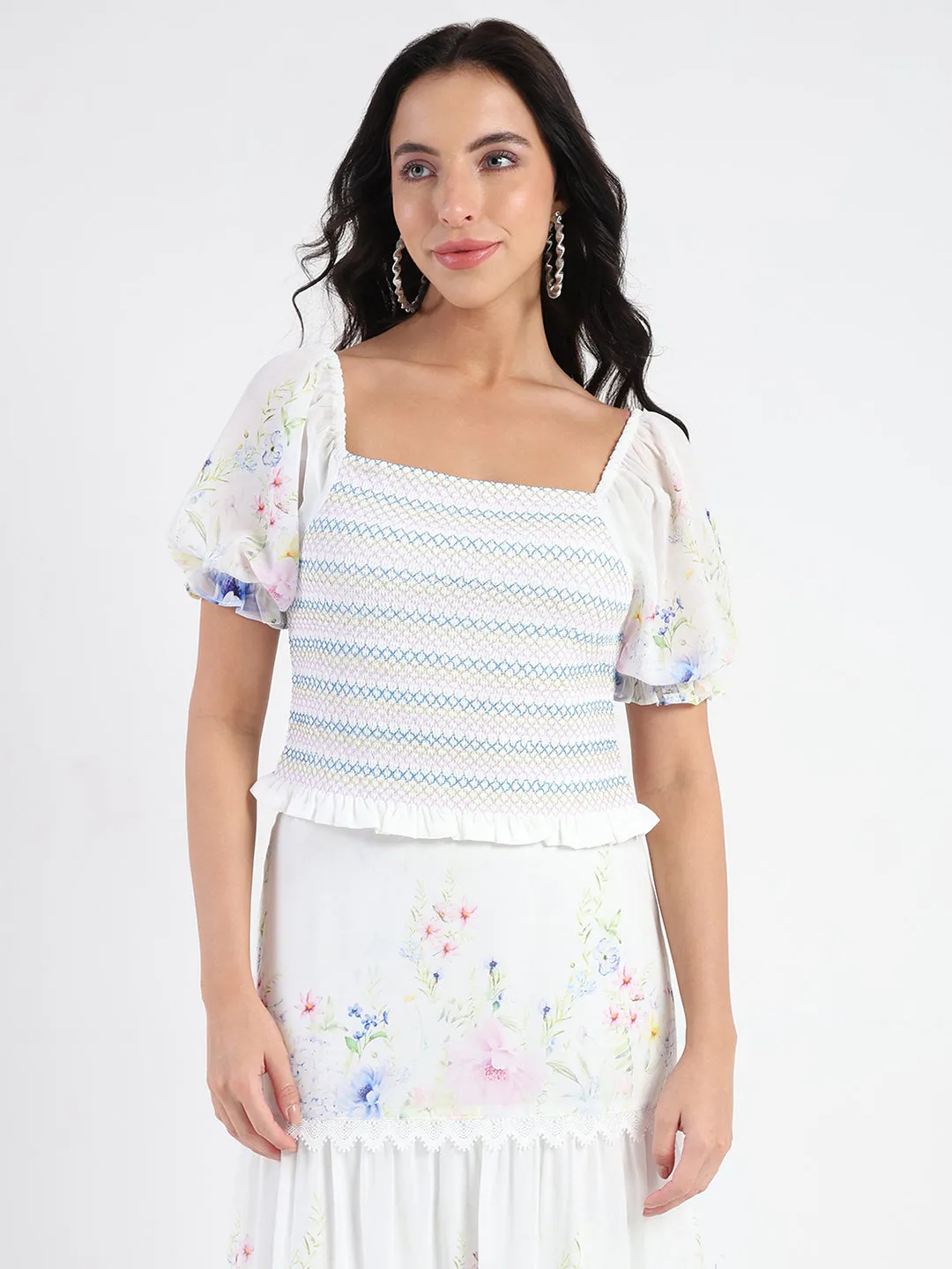 Strong Soul ZeroIrritationLabels Madame Chiffon Smoking Contrast Threads Printed White Top