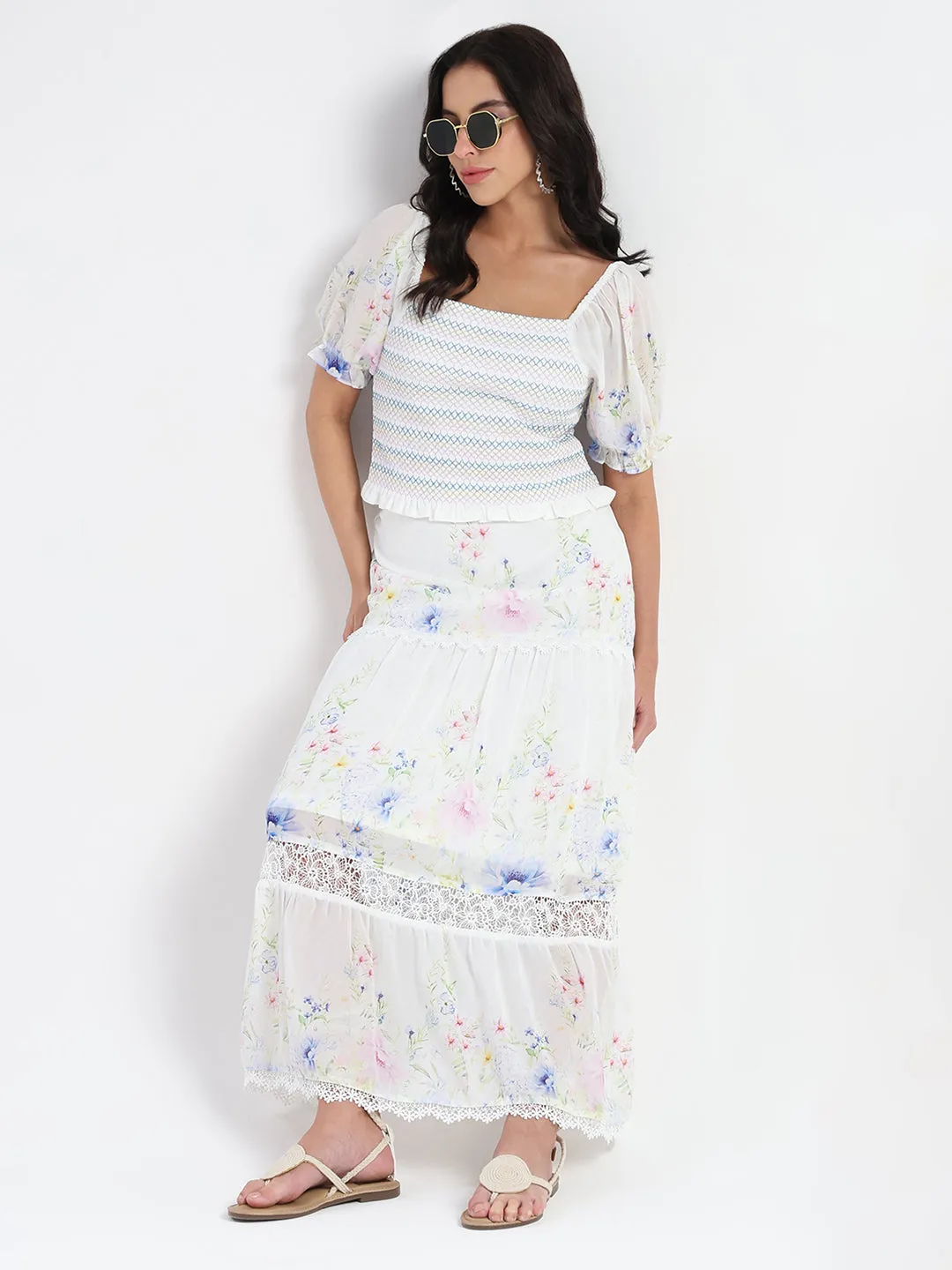 slow life Madame Chiffon Smoking Contrast Threads Printed White Top