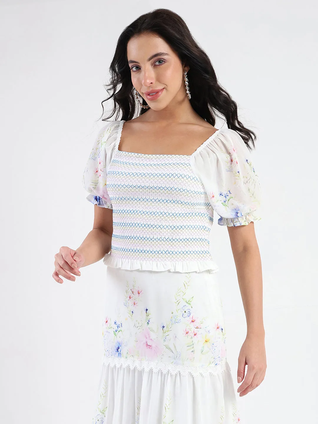 Versatile Design QuickDry Madame Chiffon Smoking Contrast Threads Printed White Top