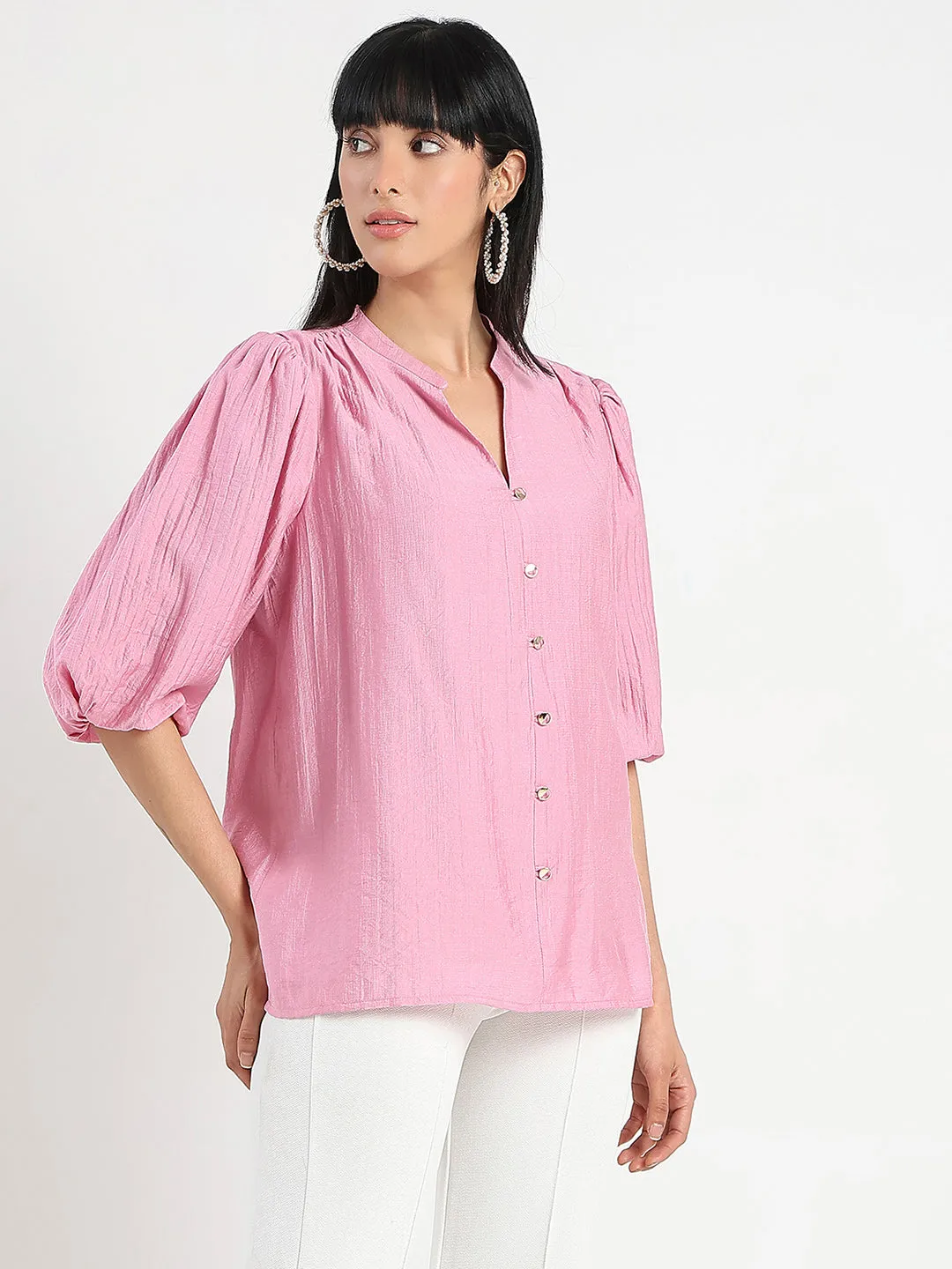 Weather Guard ElasticFree Cuffs Madame Textured Ruffle Neck Rayon Blend Pink Top