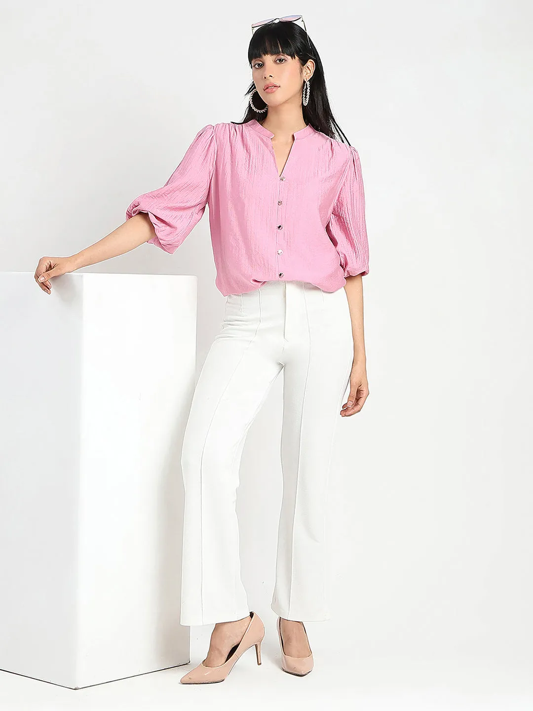 SoftTouchLining temperature regulation Madame Textured Ruffle Neck Rayon Blend Pink Top