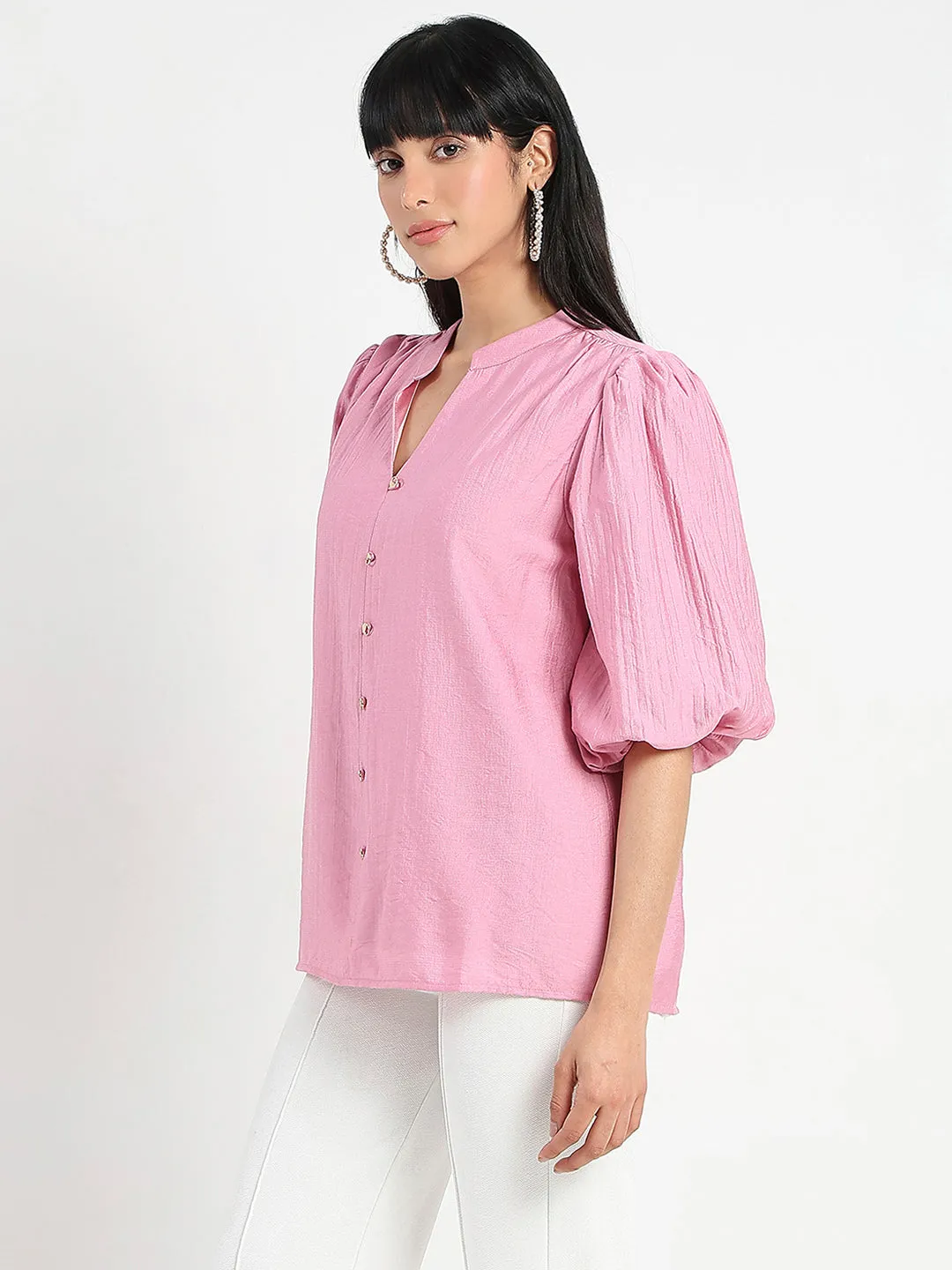 Madame Textured Ruffle Neck Rayon Blend Pink Top PreShrunk Cotton Casual Chic