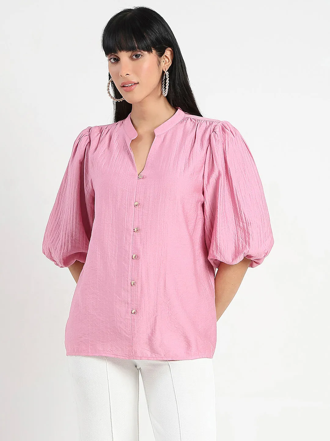 Madame Textured Ruffle Neck Rayon Blend Pink Top NonRestrictiveFit
