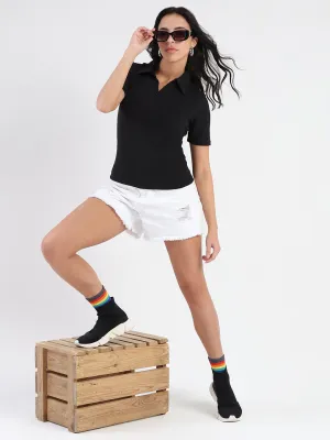 Spandex Enhanced Elasticity Madame Solid Black Polo Pique T-shirt