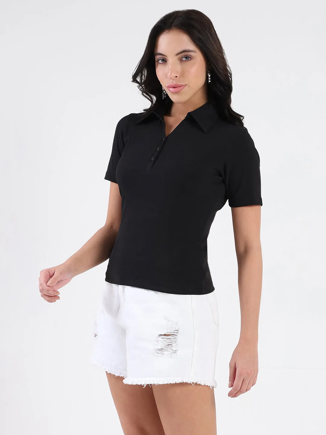 Easy-to-Match Casual Comfort Madame Solid Black Polo Pique T-shirt