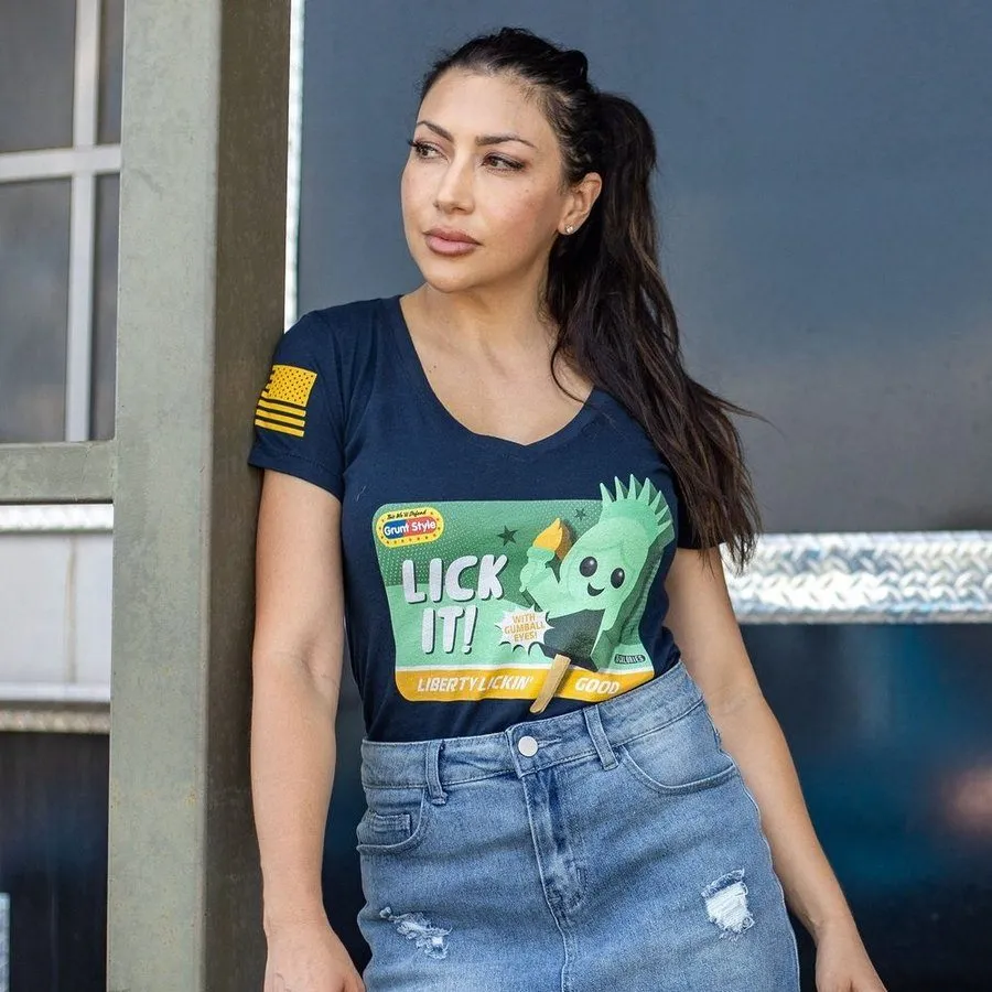 Women's Lick It V-Neck T-Shirt - Midnight Navy Drop Shoulder Design