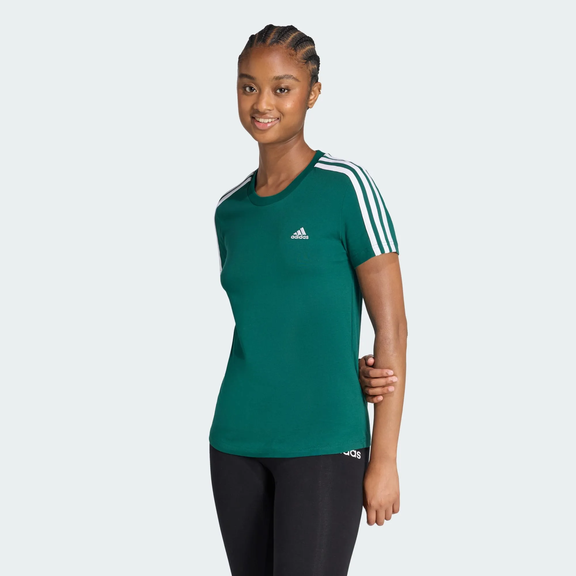 Adidas Women's 3-Stripes Green Tee Layered Comfort Holiday Style
