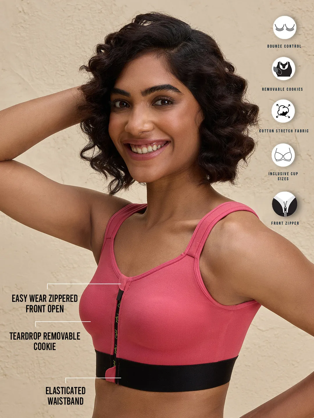 Nykd By Nykaa Front Zip Cotton High Impact  No Slouch  Sports Bra-NYK907-Coral Fully Encapsulated Cups water-repellent